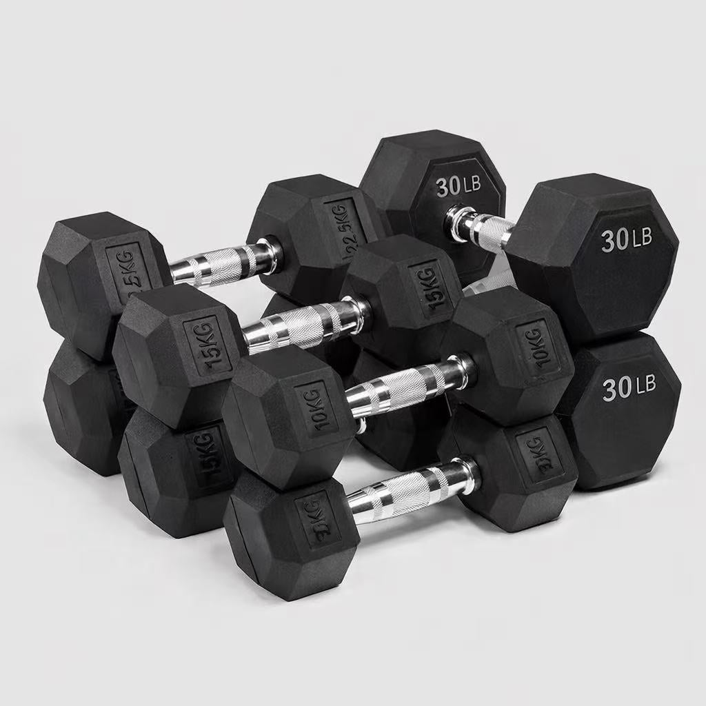 QMAX Commercial Rubber Hex Dumbbells | Home & Garage Gym Weights
