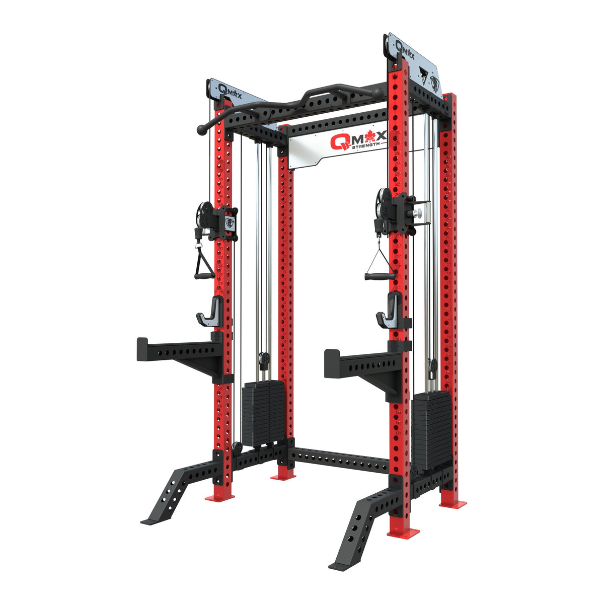 QMAX Classic Functional Trainer with red uprights, front three-quarter view