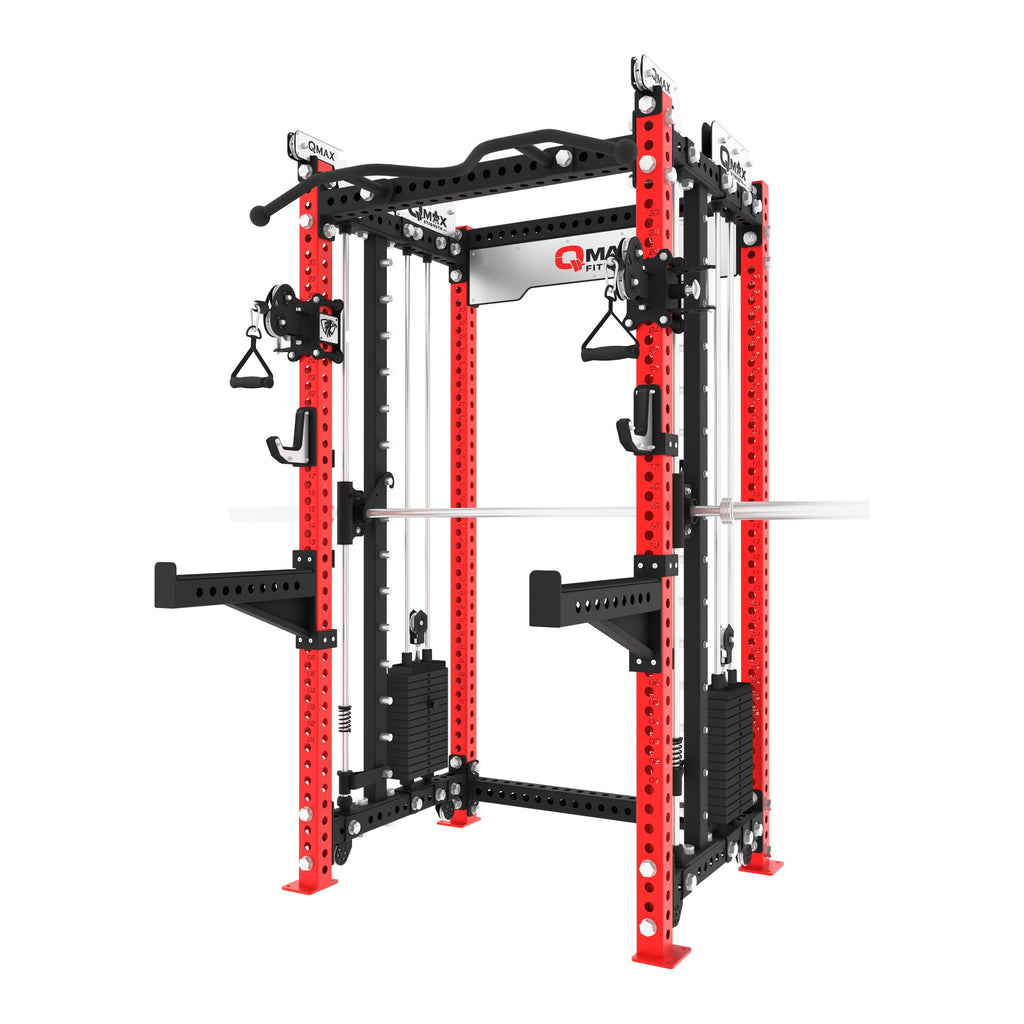 QMAX Compact 3-in-1 with red uprights, front three-quarter view