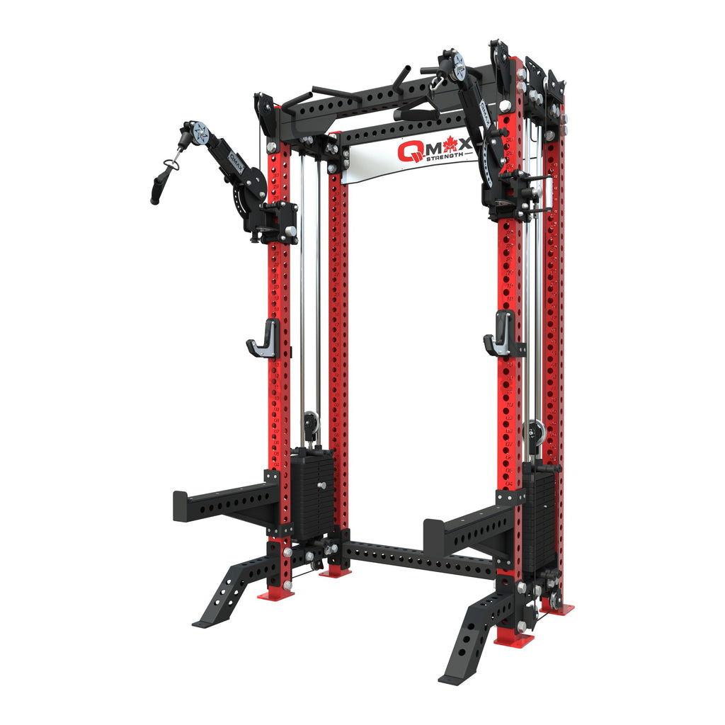 QMAX Cyclone Functional Trainer with red uprights, front three-quarter view
