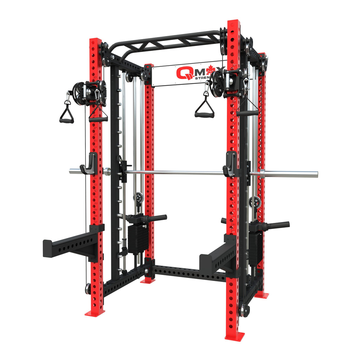 QMAX Dual-Handle 3-in-1 with red uprights, front three-quarter view