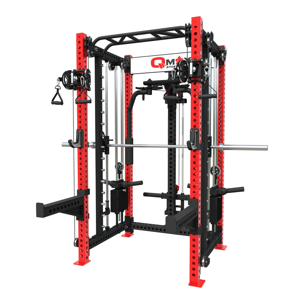 QMAX Dual-Handle 3-in-1 with Pec Deck, red uprights, front three-quarter view