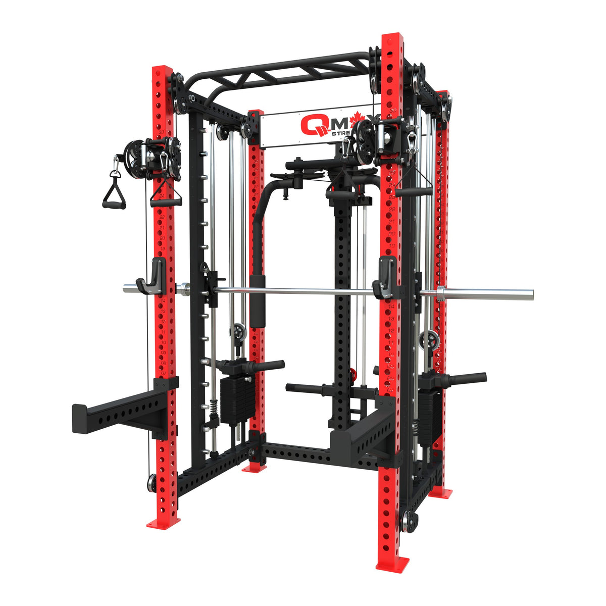 QMAX Dual-Handle 3-in-1 with Pec Deck, red uprights, front three-quarter view