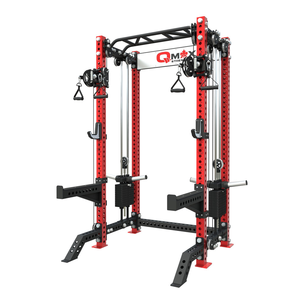 QMAX Dual-Handle Functional Trainer with red uprights, front three-quarter view