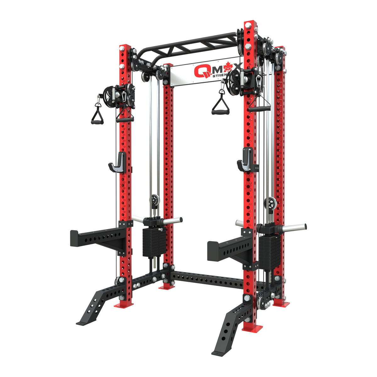 QMAX Dual-Handle Functional Trainer with red uprights, front three-quarter view