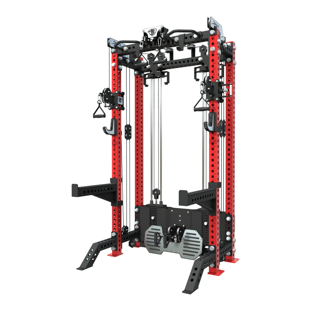 QMAX Ultimate Functional Trainer with red uprights, front three-quarter view