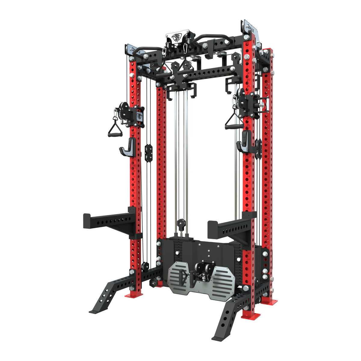 QMAX Ultimate Functional Trainer with red uprights, front three-quarter view